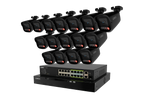 Row of black Lorex X5 bullet cameras above a network video recorder