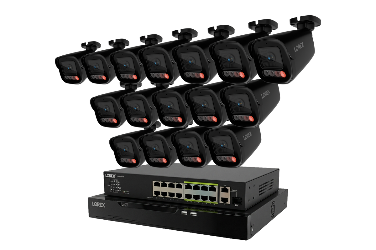 Row of black Lorex X5 bullet cameras above a network video recorder