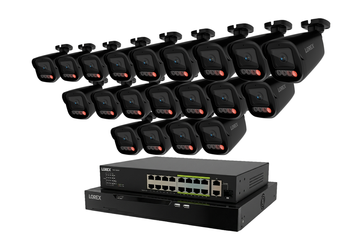 Lorex Connect X Series 4K 32-channel wired NVR with X5 bullet cameras arranged above an 8TB recorder