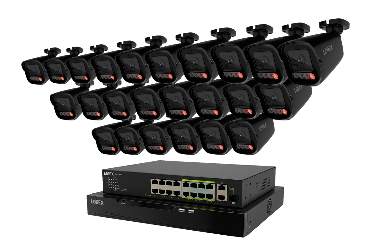 Close angle of Lorex 4K bullet cameras mounted above the NVR and network gear