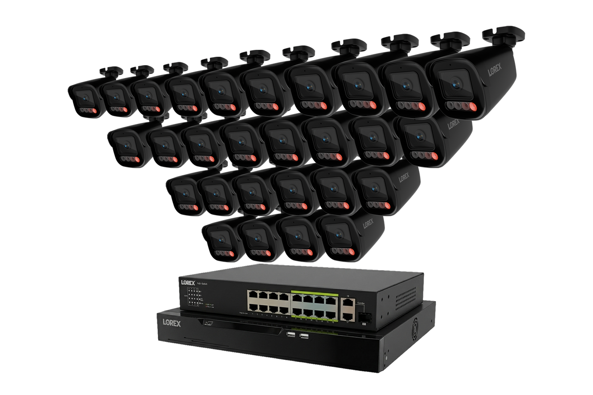 Row of Lorex X Series 4K bullet cameras with the 8TB NVR unit visible below
