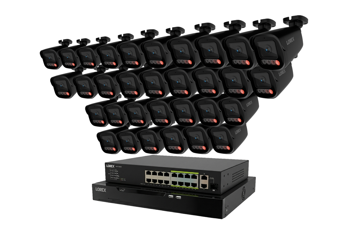 Row of black Lorex X Series 4K bullet cameras mounted above an 8TB 32-channel wired NVR