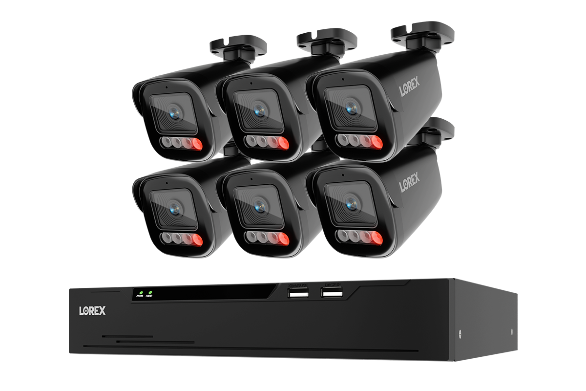 Six black Lorex X Series 4K bullet cameras above a 2TB wired NVR