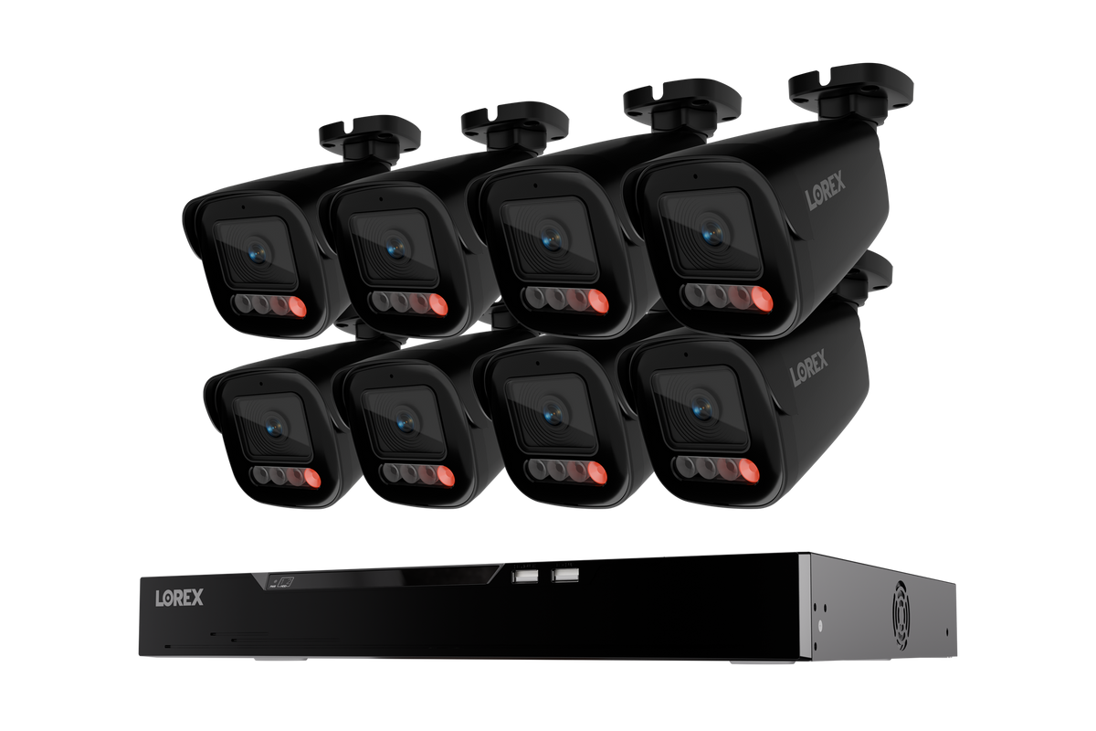 Eight black Lorex X5 bullet cameras with a 16-channel NVR and 4TB storage