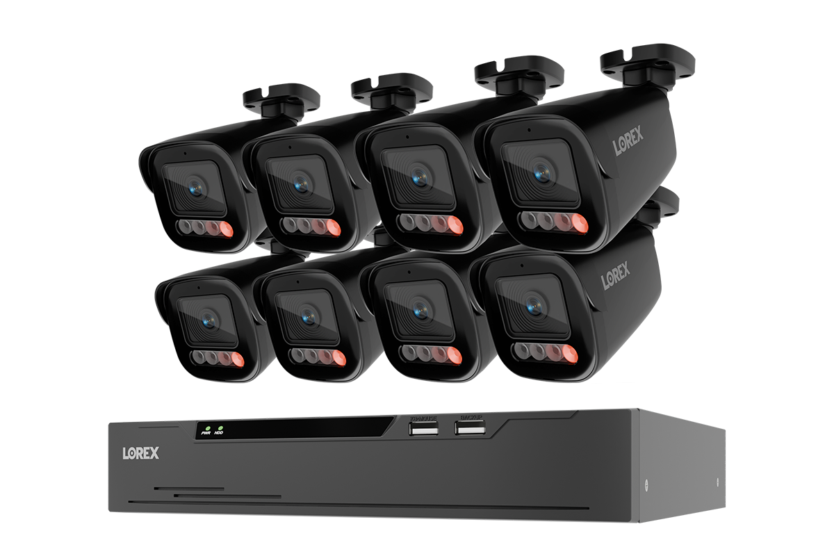Eight black Lorex X Series 4K bullet cameras above a 2TB wired NVR