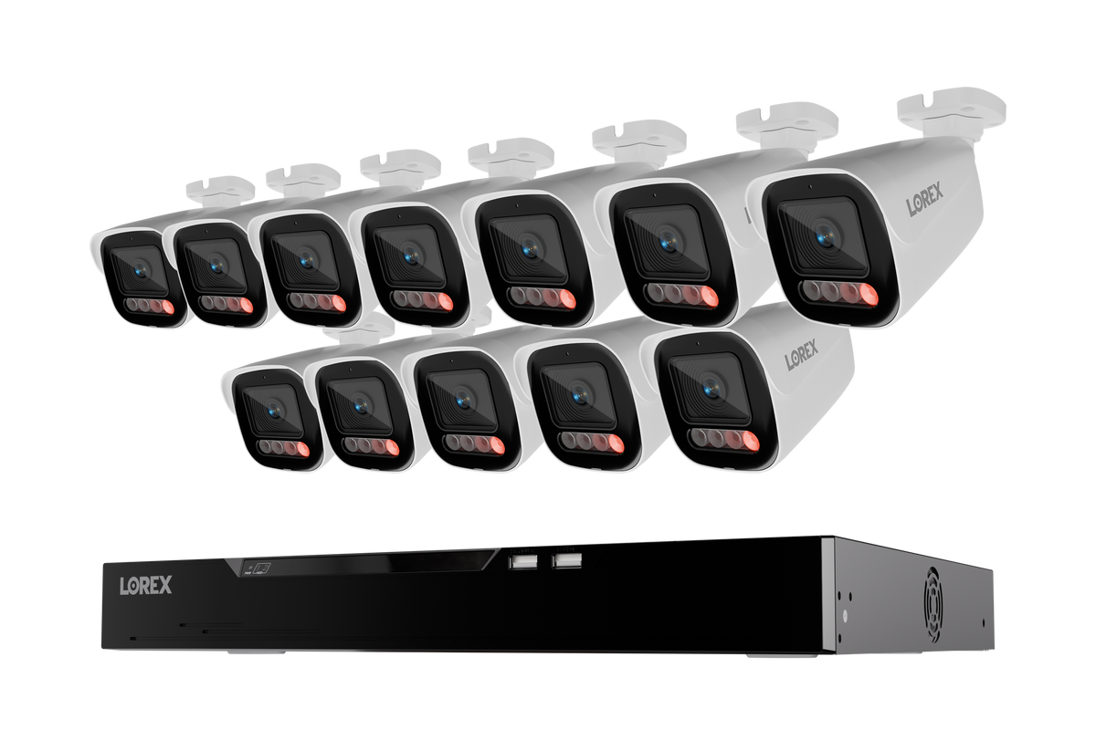 Twelve white Lorex X5 bullet cameras with the NVR unit beneath