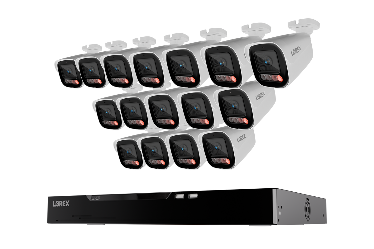 Sixteen white Lorex X Series 4K bullet security cameras above a 4TB wired NVR