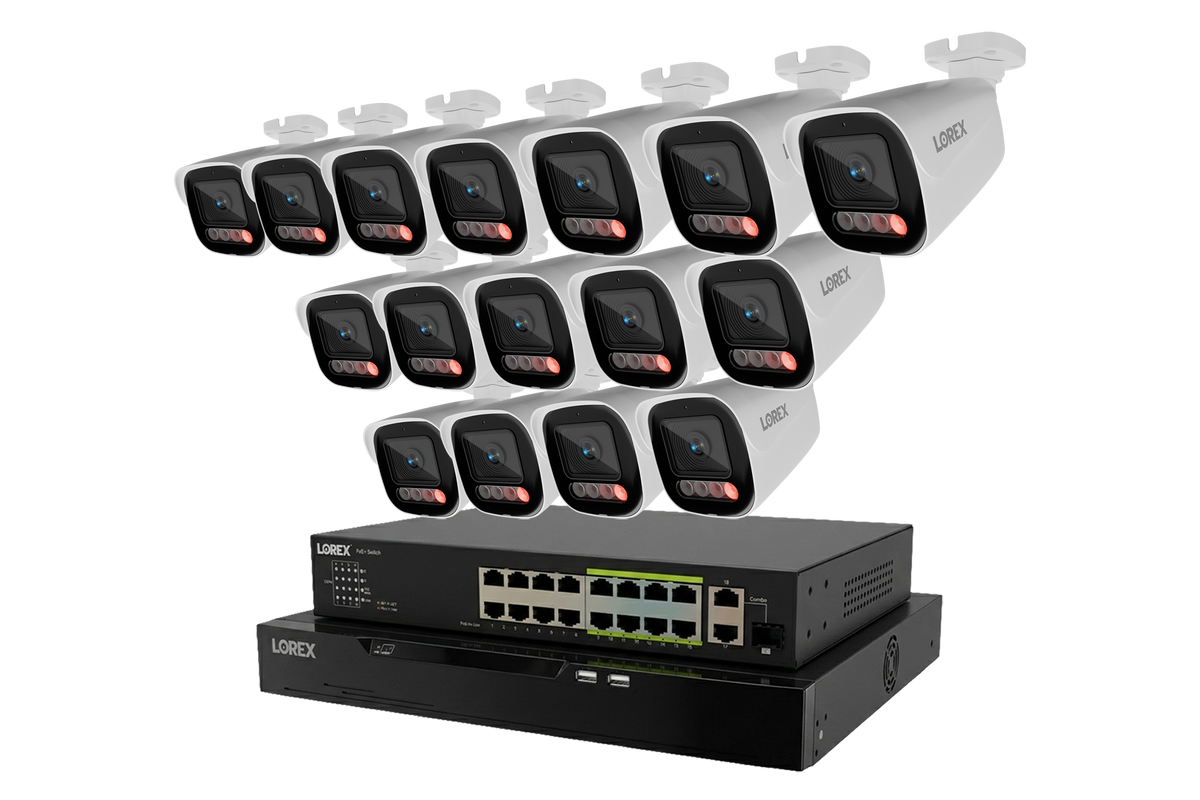 Row of white Lorex X Series 4K bullet cameras mounted above an 8TB 32-channel wired NVR