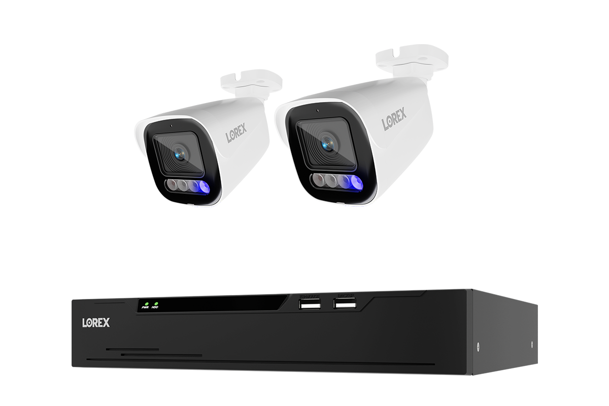 Two white Lorex X Series 4K bullet cameras above a 2TB wired NVR