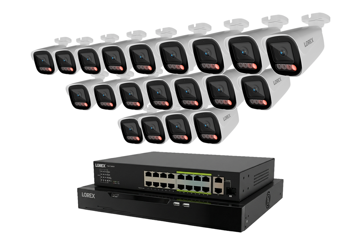 Close-up view of white Lorex X Series 4K bullet cameras arranged in rows above an 8TB 32-channel wired NVR