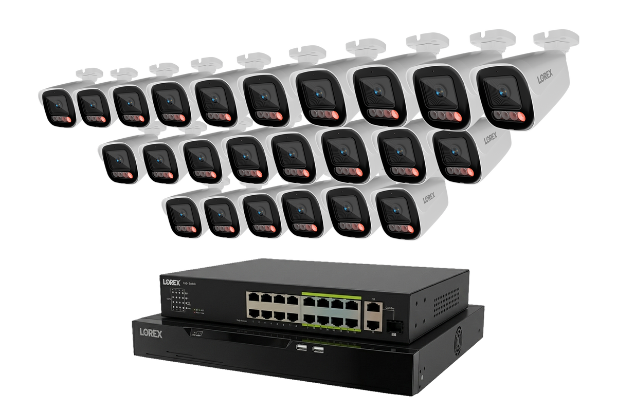 Row of white Lorex X Series 4K bullet cameras above an 8TB NVR