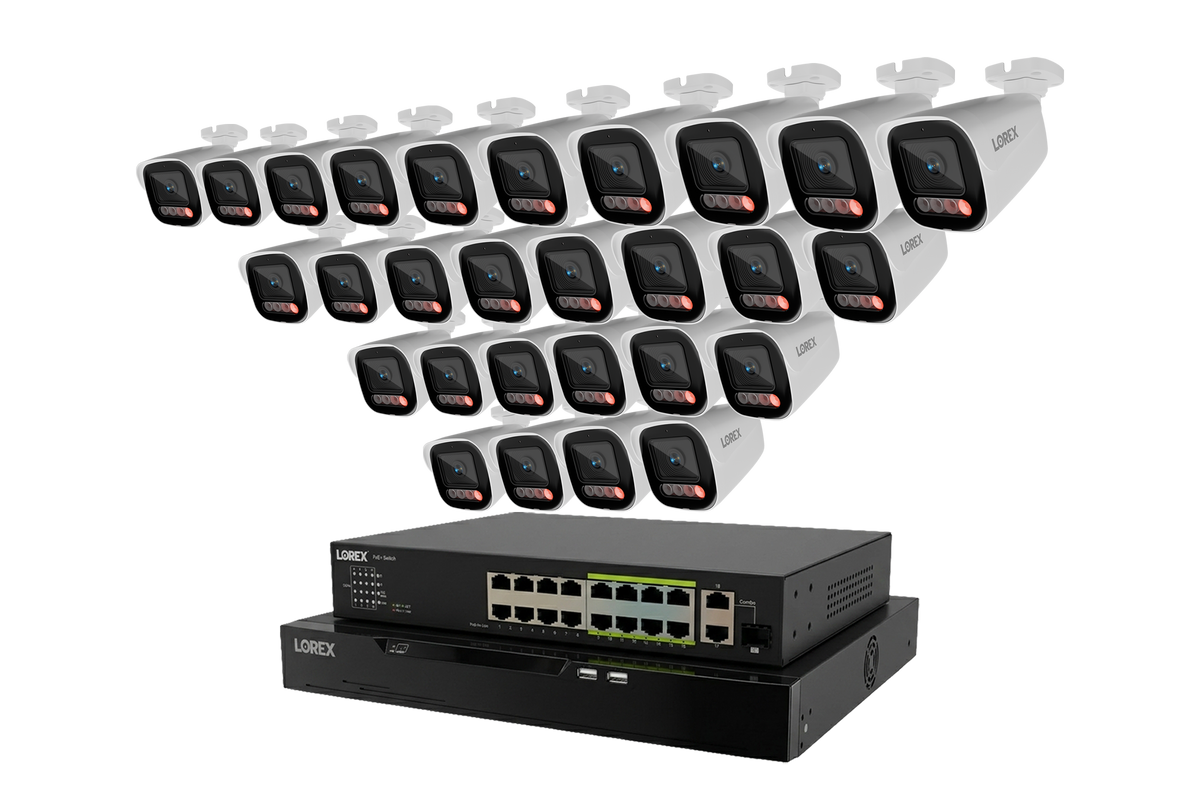 Row of white Lorex X Series 4K bullet cameras above two stacked NVR units