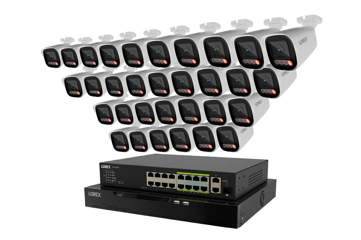 Line of white Lorex X Series 4K cameras over two stacked NVRs in a staggered layout