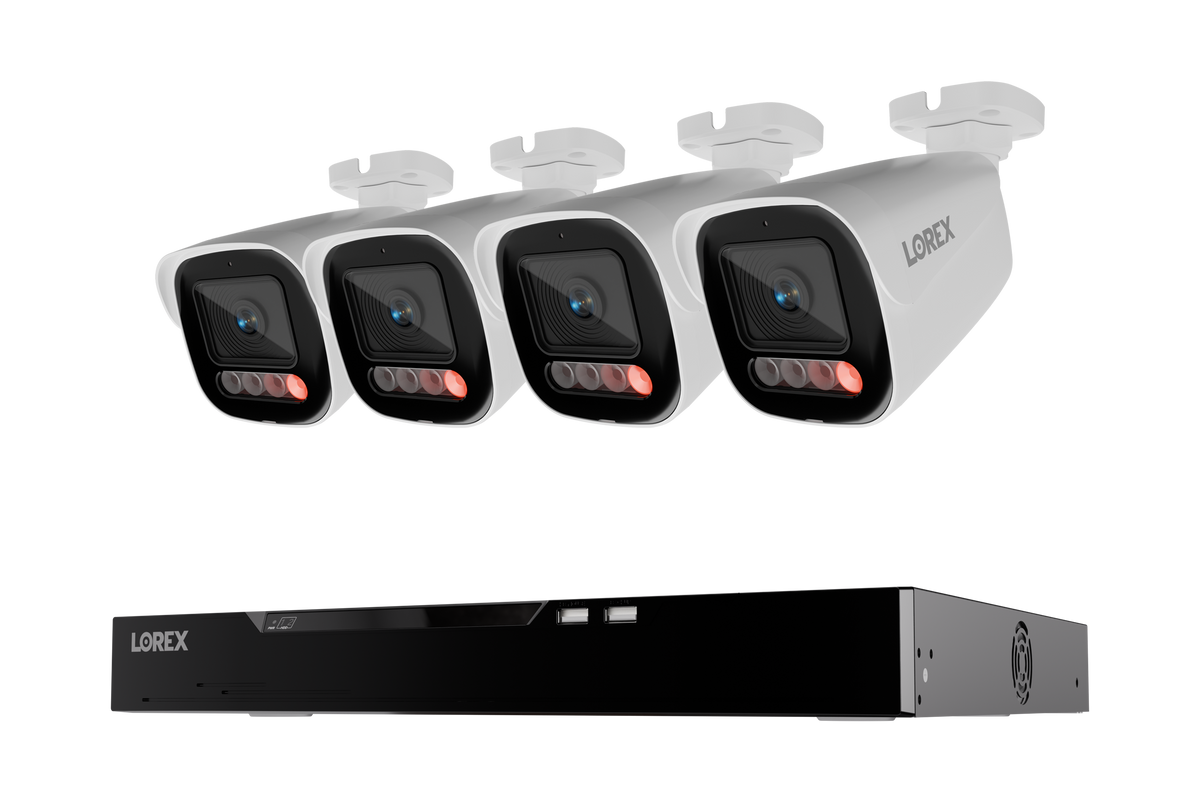 Four white Lorex X5 bullet cameras with a 16-channel NVR and 4TB storage