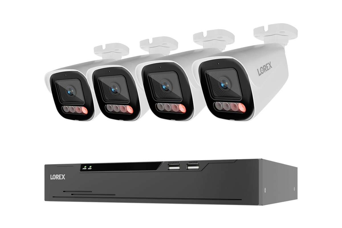 Four white Lorex X Series 4K bullet cameras above a black NVR