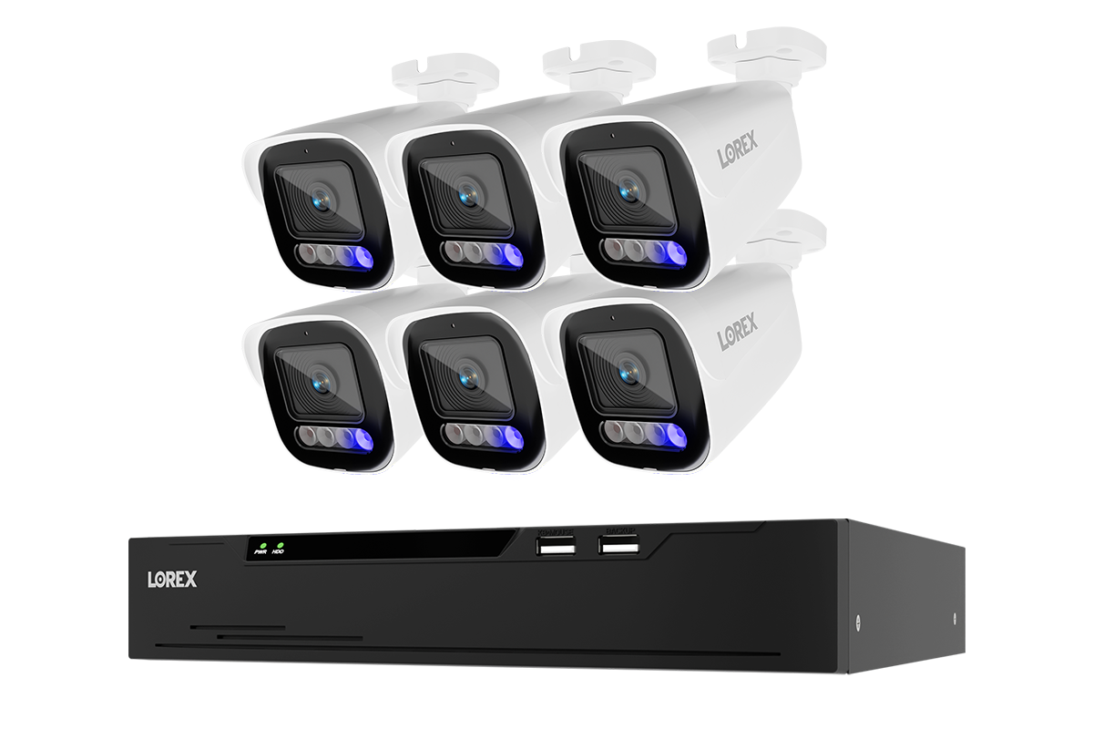 Six white Lorex X Series 4K bullet cameras above a black NVR