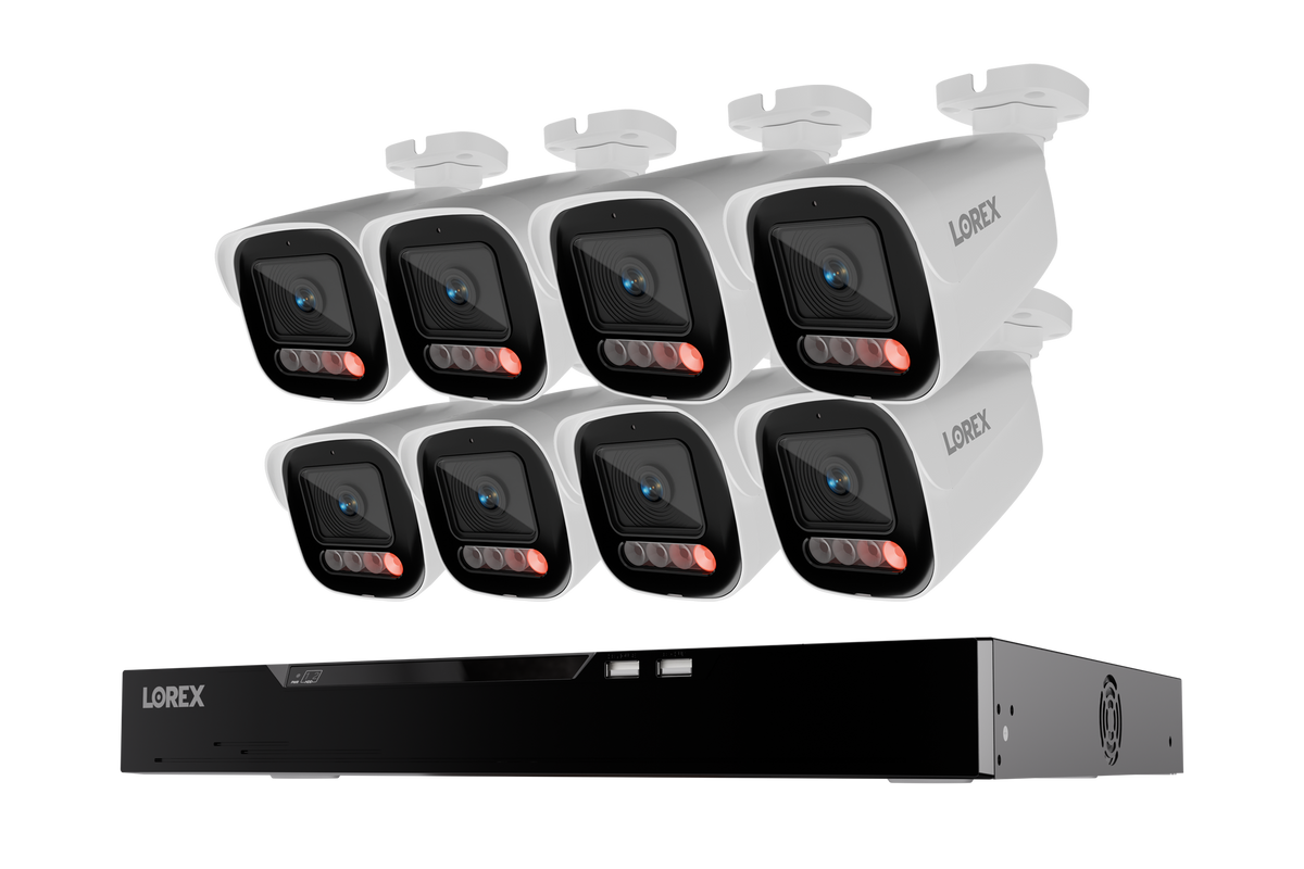 Eight white Lorex X5 bullet cameras above a 16-channel NVR with 4TB storage