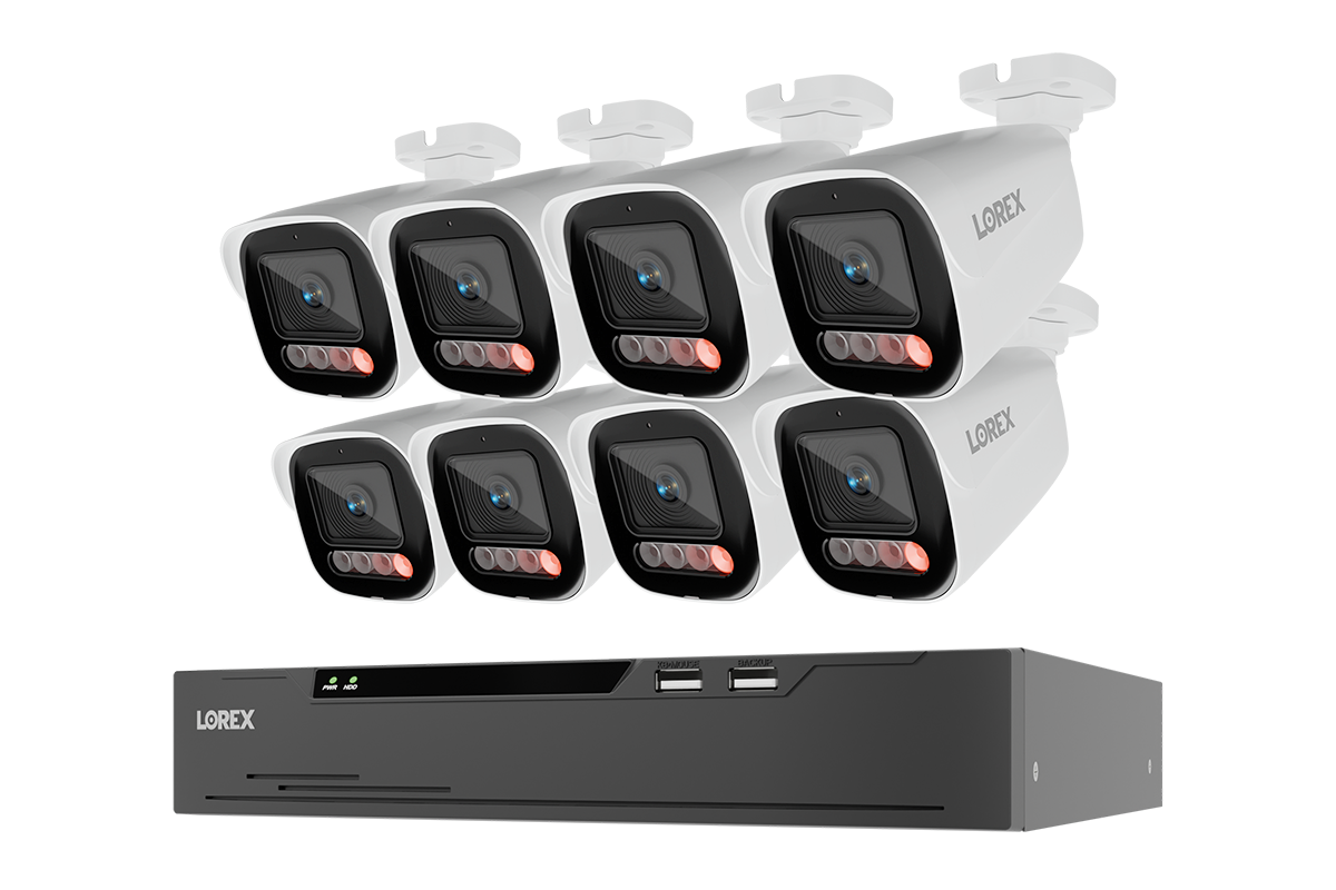 Eight white Lorex X Series 4K bullet cameras above a black NVR