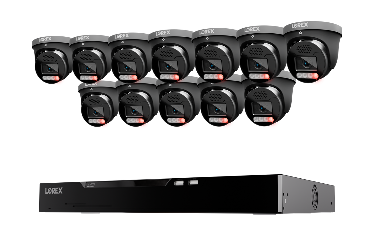 Twelve black Lorex X5 turret cameras above a 16-channel NVR