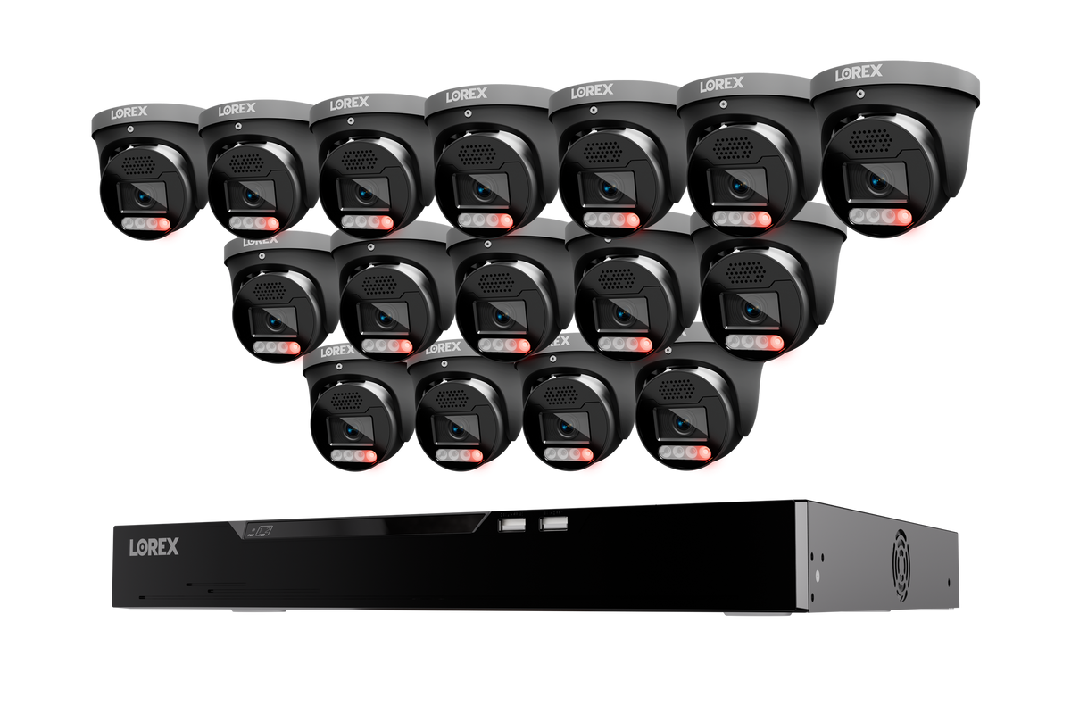 Sixteen black Lorex X5 turret cameras above a 16-channel NVR