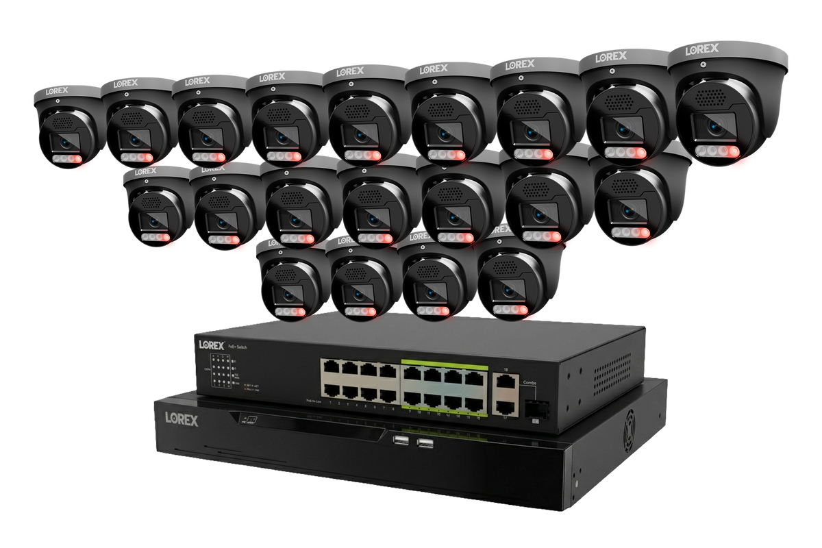 Row of Lorex X5 turret security cameras positioned above an 8TB Lorex NVR system