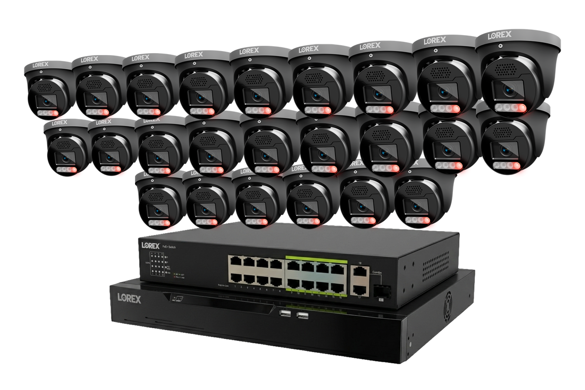 Multiple Lorex X5 turret cameras arranged over a stacked Lorex NVR unit with 8TB storage
