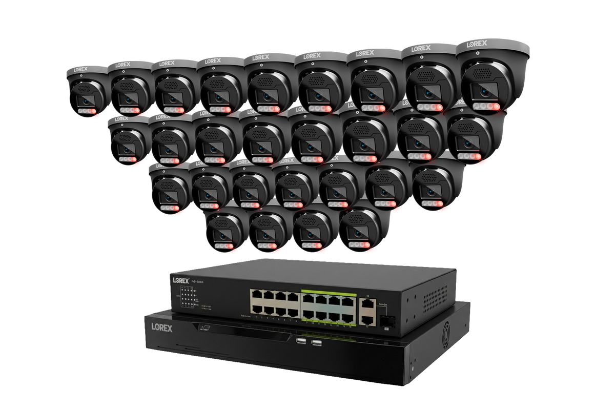 Row of Lorex X5 turret security cameras above an 8TB 4K 32-channel wired NVR