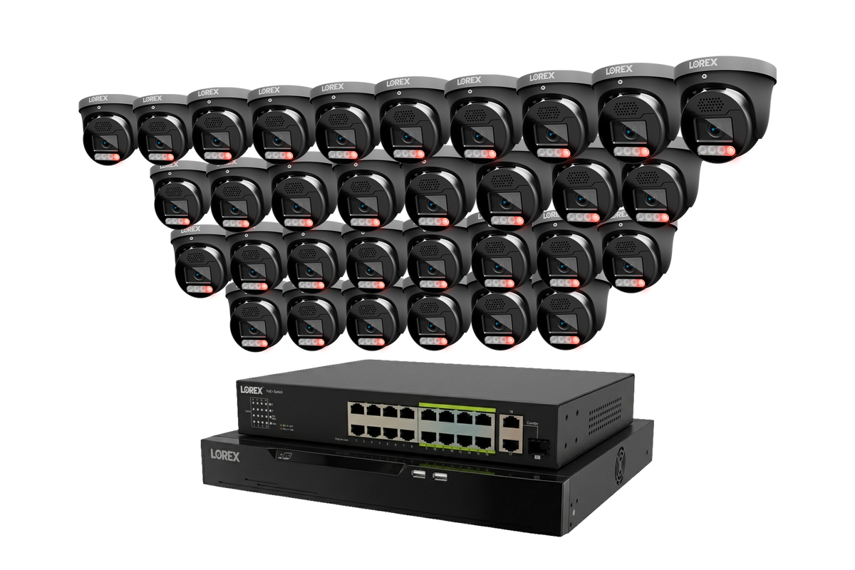 Row of Lorex X5 turret security cameras mounted above a 32-channel 4K wired NVR