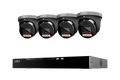 Row of four Lorex X Series 4K turret security cameras above a 16-channel NVR with 4TB storage