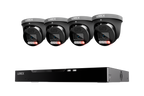 Row of four Lorex X Series 4K turret security cameras above a 16-channel NVR with 4TB storage