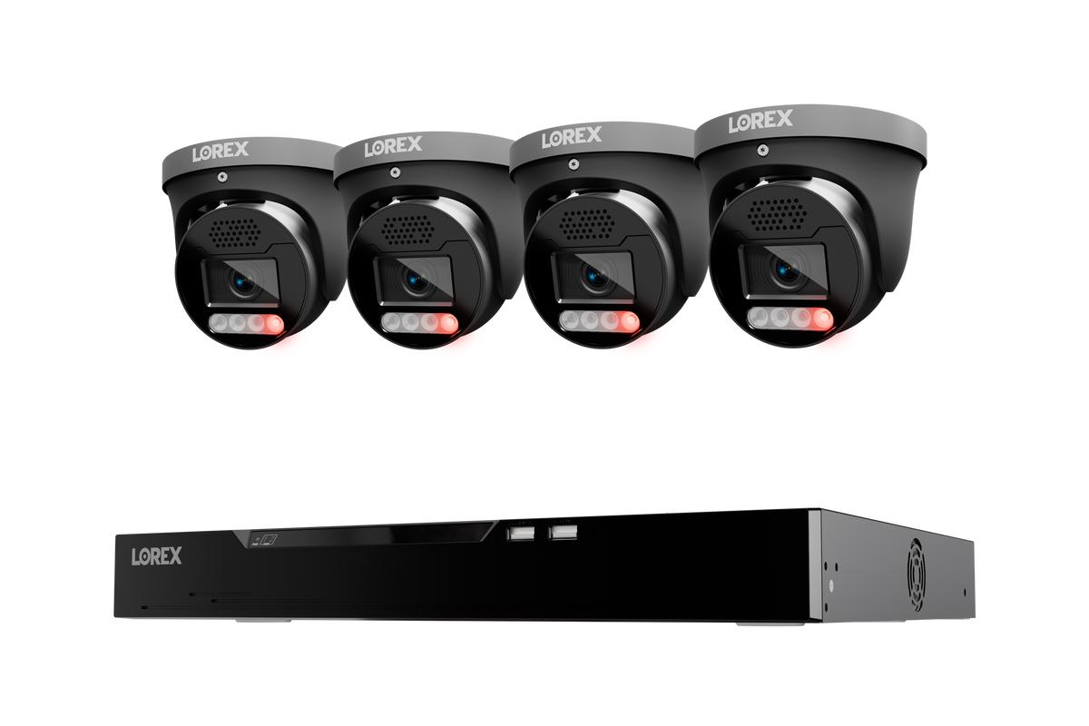 Row of four Lorex X Series 4K turret security cameras above a 16-channel NVR with 4TB storage