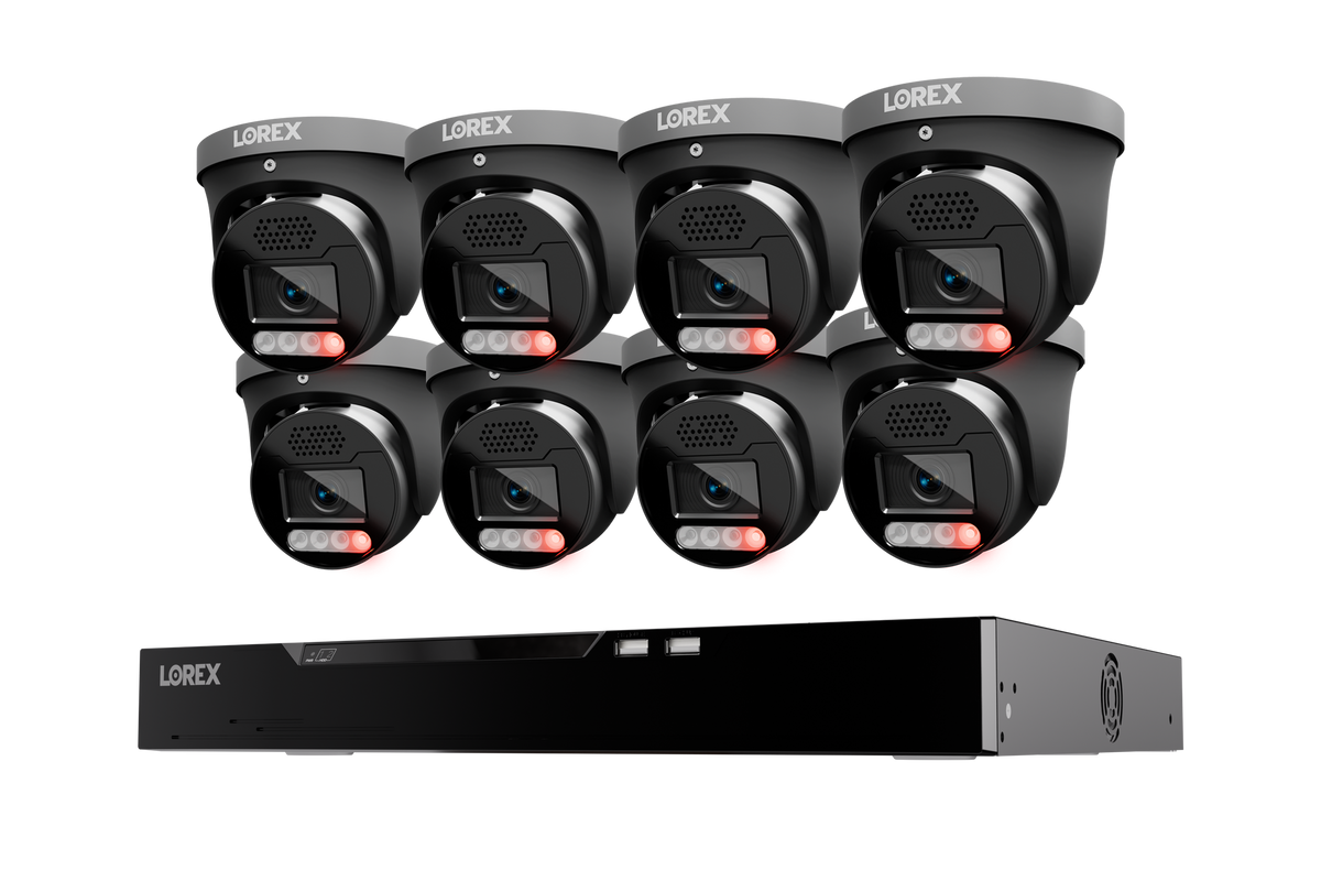 Eight black Lorex X5 turret cameras with a 16-channel NVR and 4TB storage