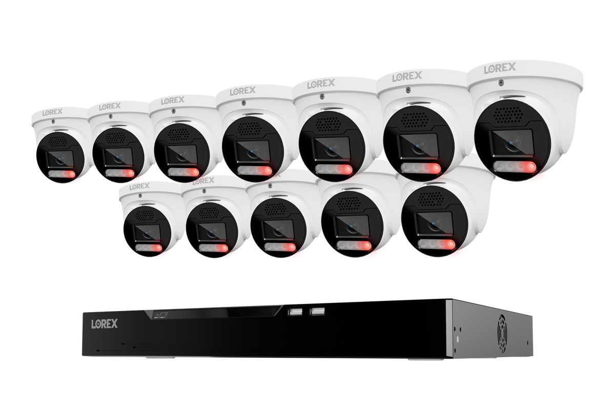 Twelve white Lorex X5 turret cameras above a 16-channel NVR