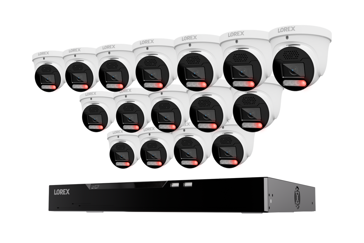 Sixteen white Lorex X5 turret cameras above a 16-channel NVR