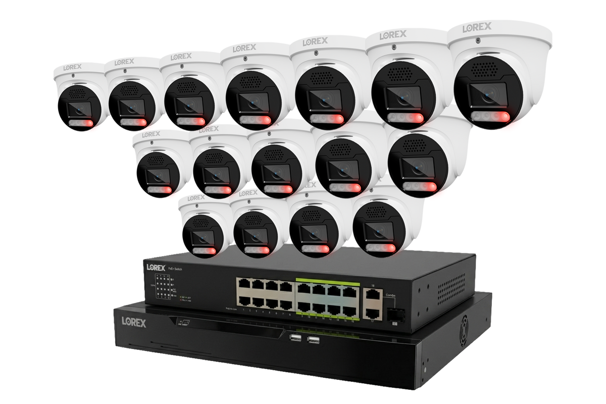 Group of Lorex X Series 4K turret security cameras arranged above an 8TB wired NVR system