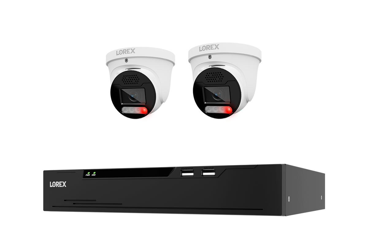 Two white Lorex X Series 4K turret cameras with NVR