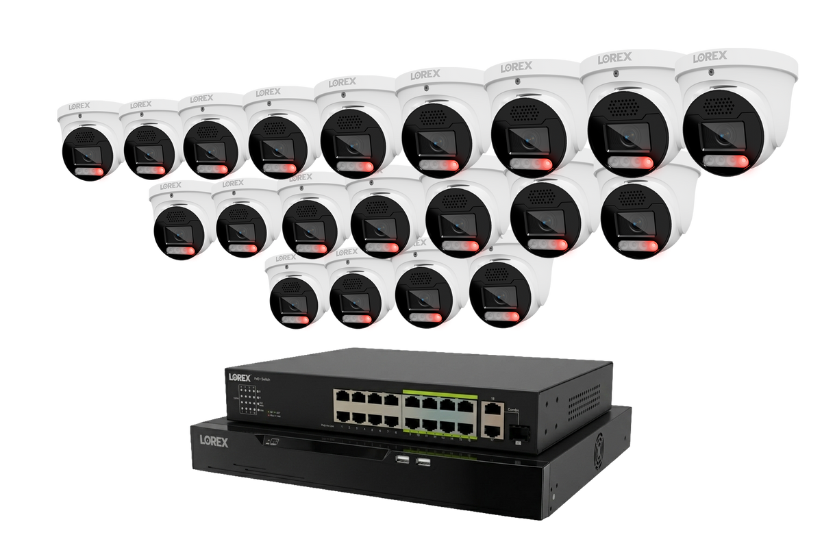 White Lorex X5 turret cameras arranged above a 32-channel 4K wired NVR