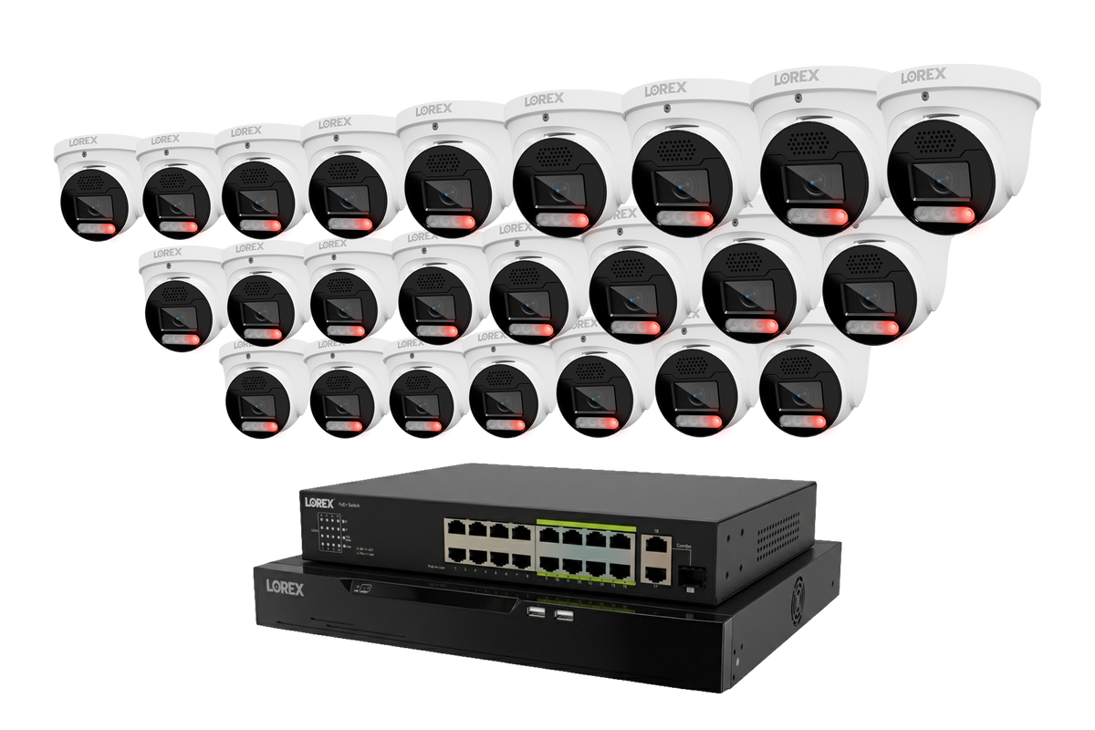 Row of Lorex X Series 4K turret cameras displayed over a network video recorder with multiple ports