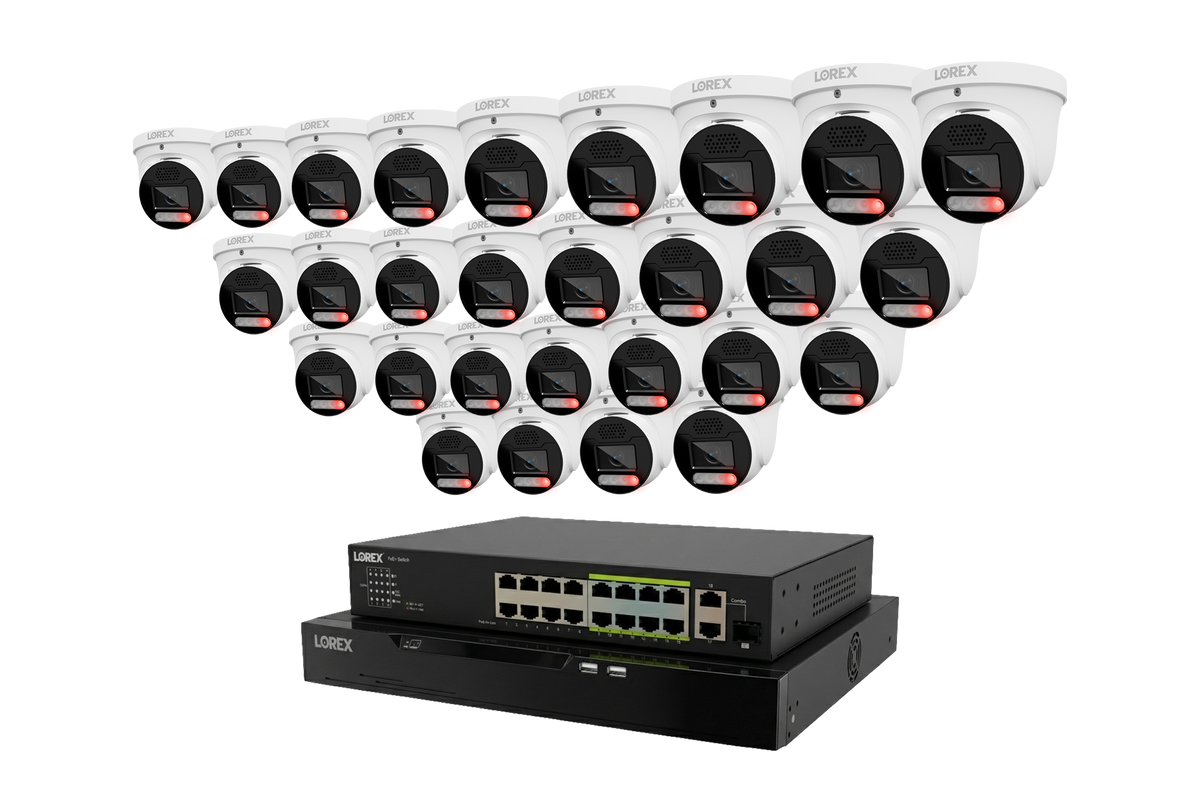 Cameras above stacked Lorex NVRs with visible port panels on the front