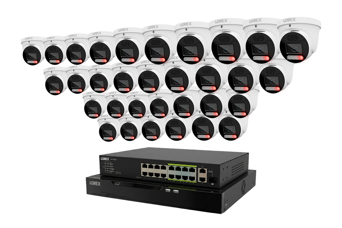 Array of Lorex Connect X Series 4K X5 turret cameras above an 8TB NVR