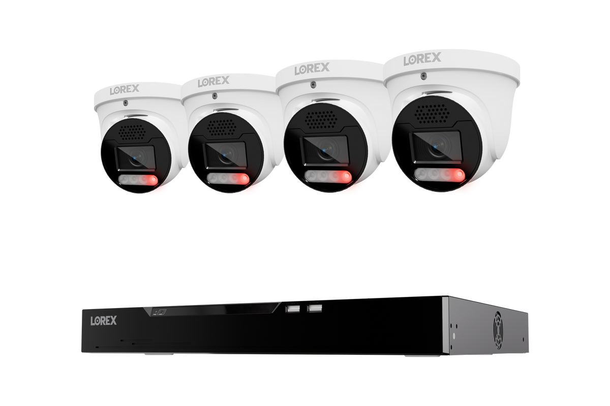 Four white Lorex X5 turret cameras above a 16-channel NVR with 4TB storage