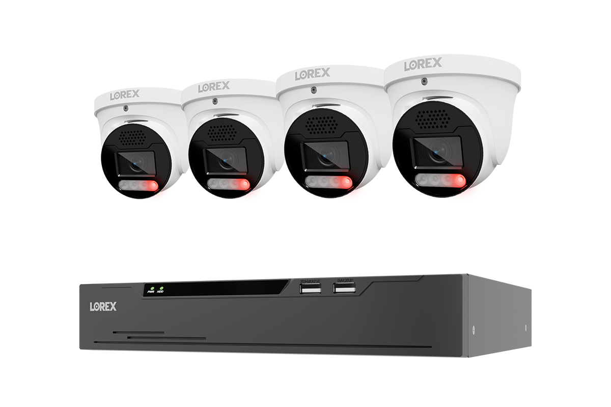 Four white Lorex X Series 4K turret cameras with 8-channel NVR