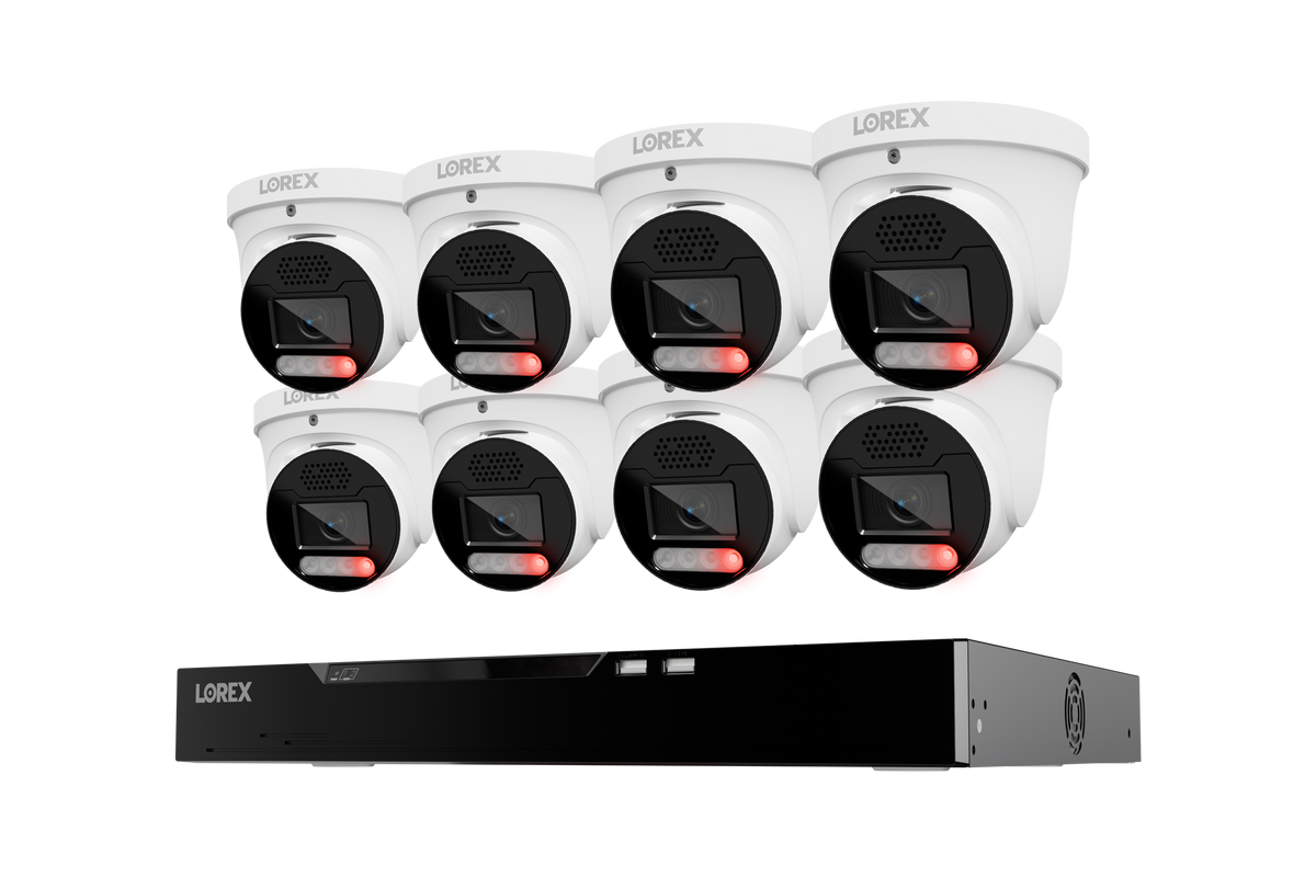 Eight white Lorex X5 turret cameras above a 16-channel NVR