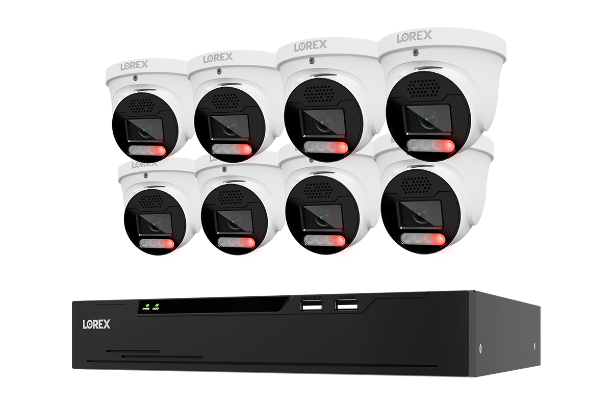 Eight white Lorex X Series 4K turret cameras with NVR