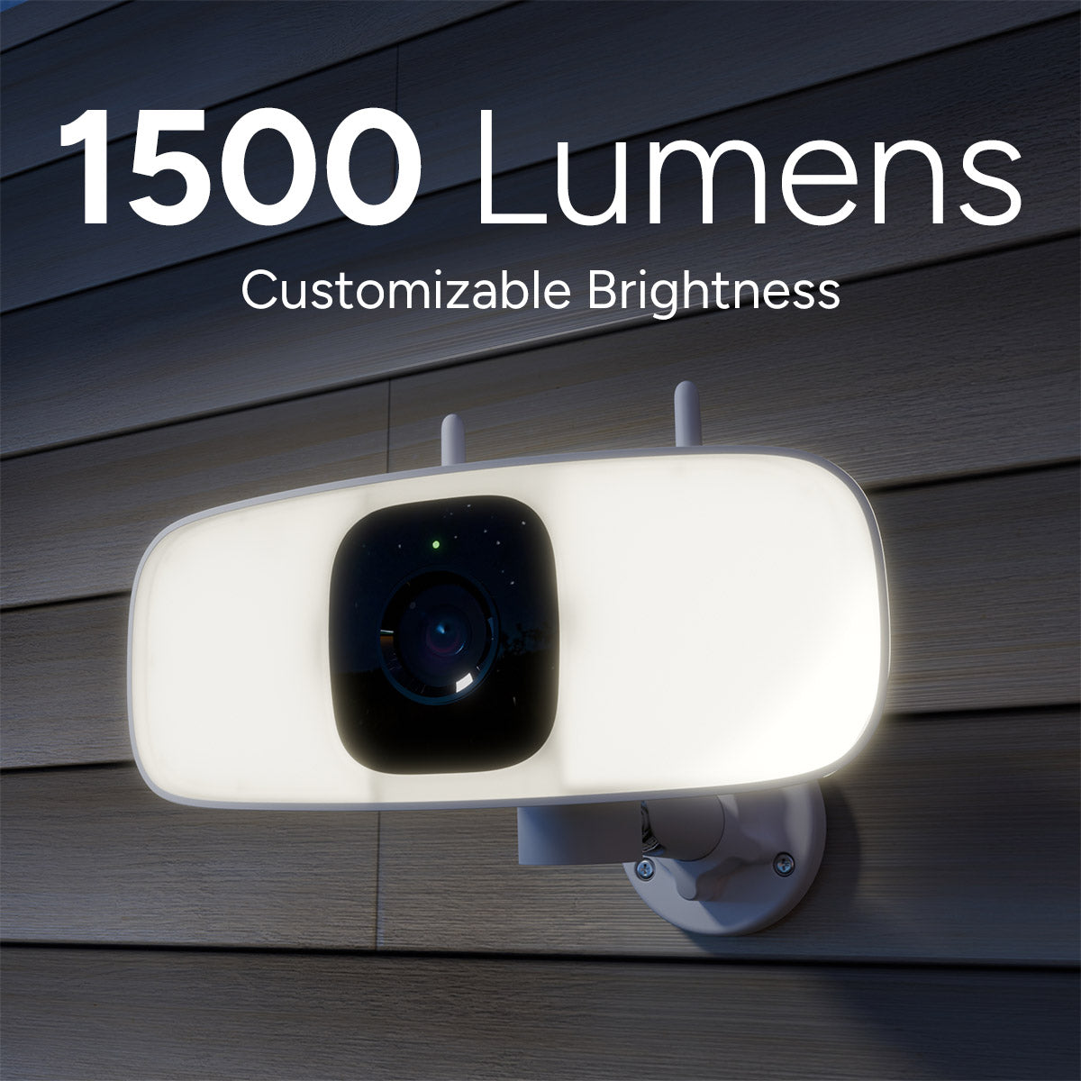 White floodlight security camera mounted on an exterior wall with 1500 Lumens text overlay