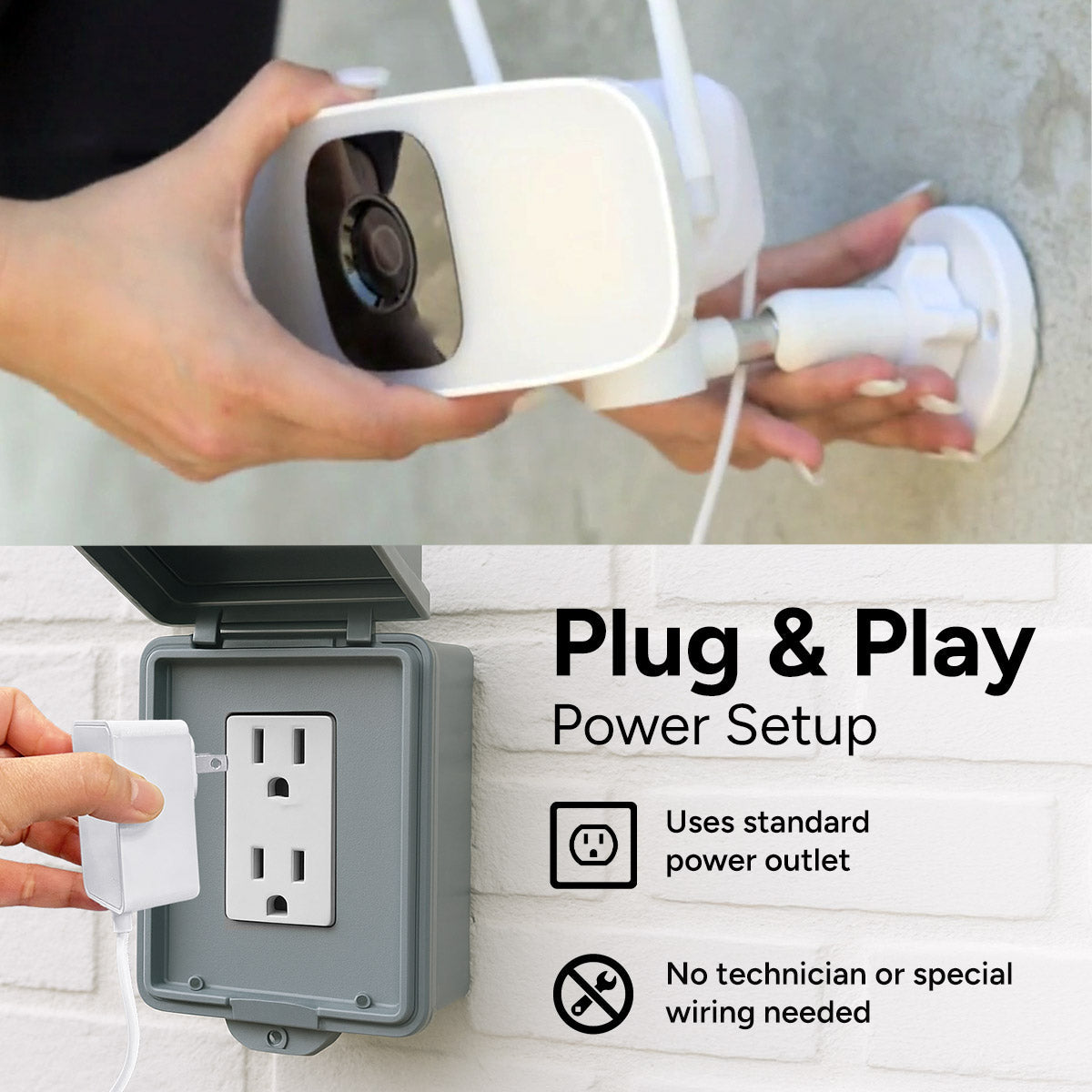 Floodlight camera installation showing mounting bracket and plug and play outdoor power setup