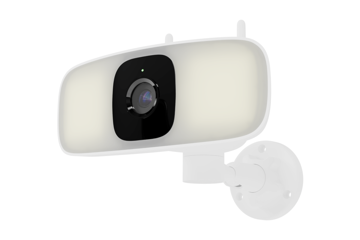 Lorex Connect 2K floodlight security camera with app controlled horizontal pan mounted on wall