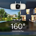 White floodlight security camera with 160° horizontal pan mounted on an exterior wall with a modern home in background