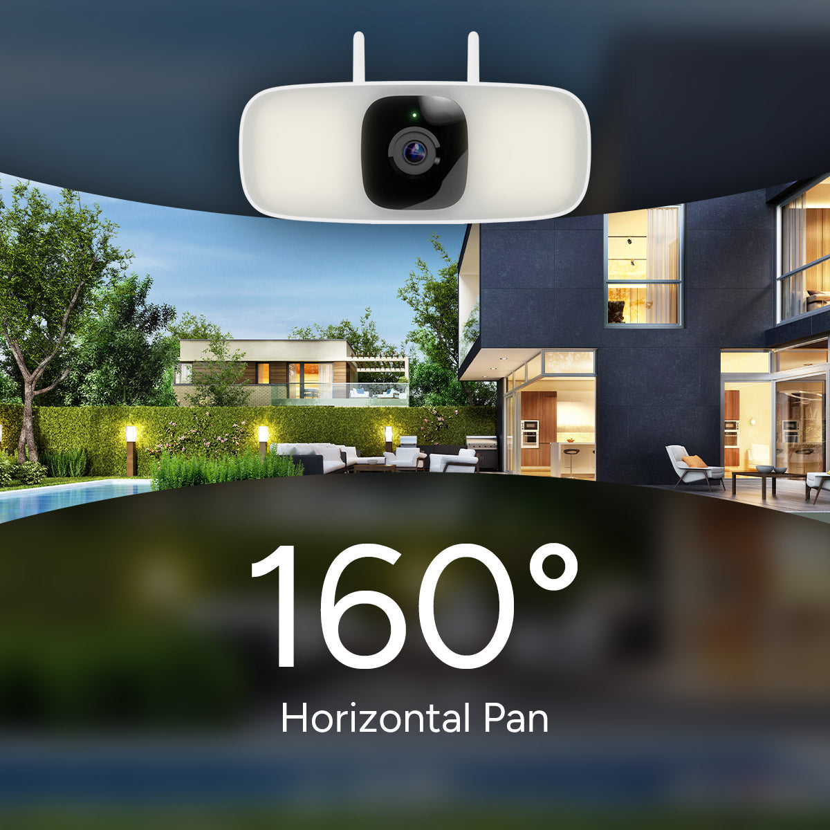White floodlight security camera with 160° horizontal pan mounted on an exterior wall with a modern home in background