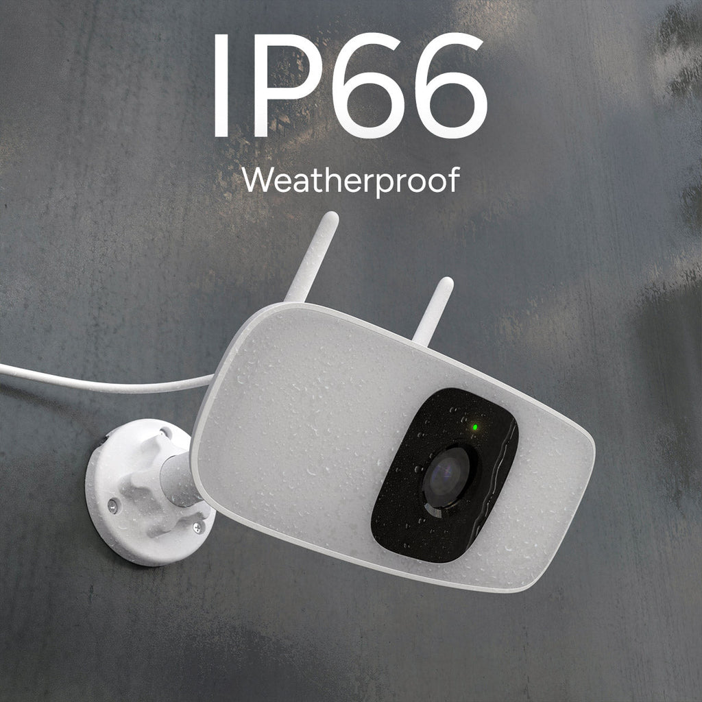 Lorex Connect outdoor camera with IP66 Weatherproof label against a rain textured gray backdrop